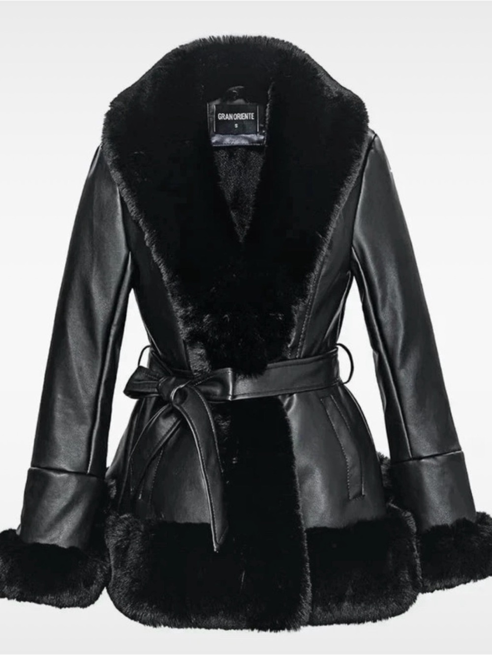 Women’s Black Faux Leather Belted Shearling Jacket Size XL